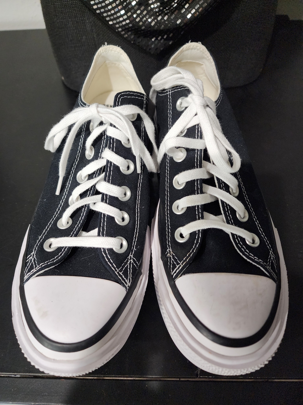 Women's Black Platform Canvas Sneakers with White Accents